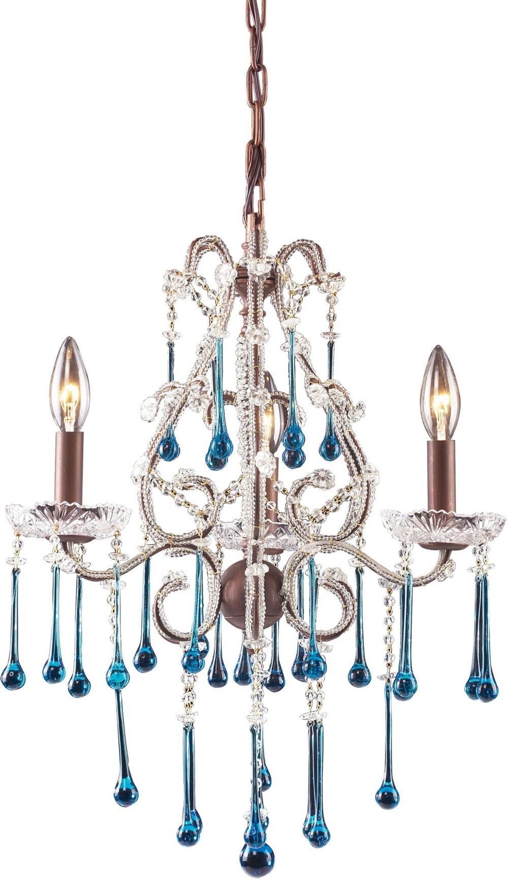 Opulence 3 Light Chandelier In Rust and Aqua Crystal