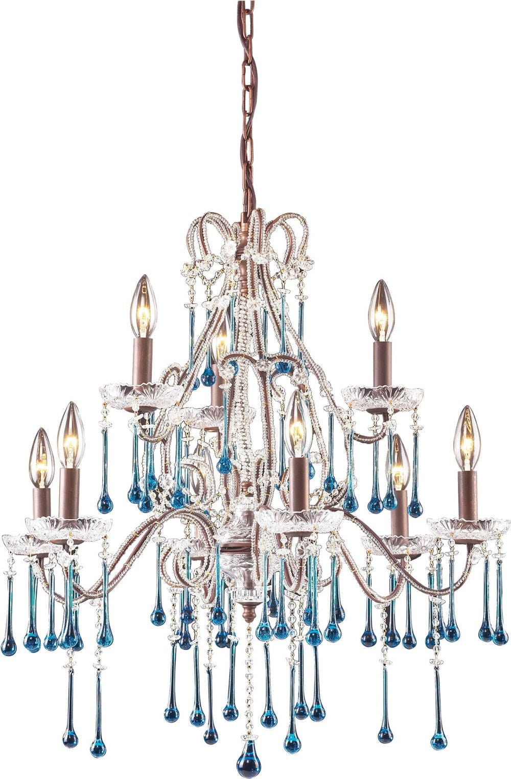 Opulence 9 Light Chandelier In Rust and Aqua Crystal