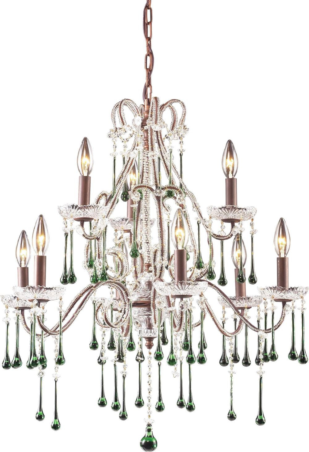Opulence 9 Light Chandelier In Rust and Lime Crystal