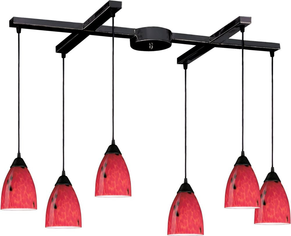 Classico 6 Light Pendant In Dark Rust and Fire Red Glass