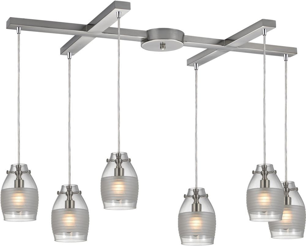 Carved Glass 6 Light Pendant In Brushed Nickel