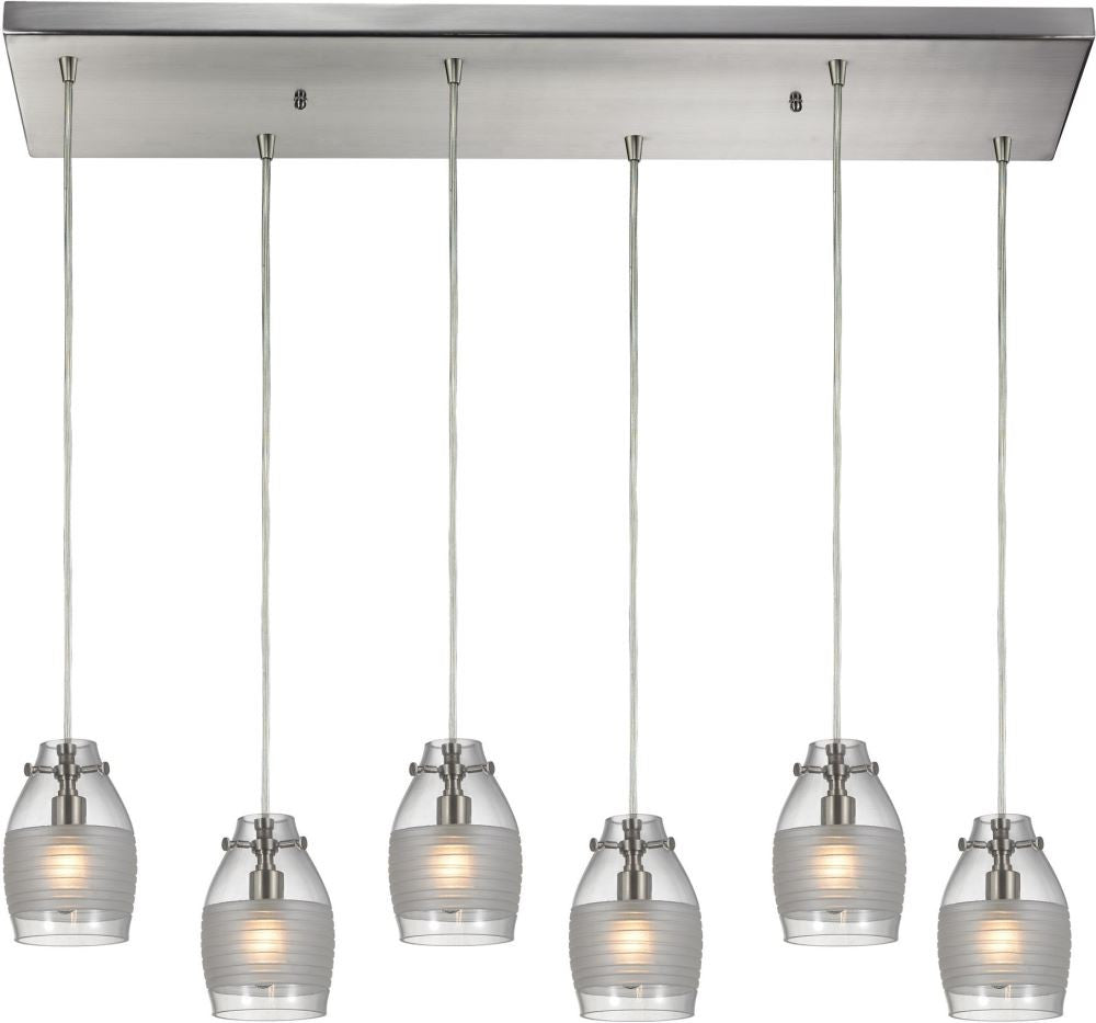 Carved Glass 6 Light Pendant In Brushed Nickel