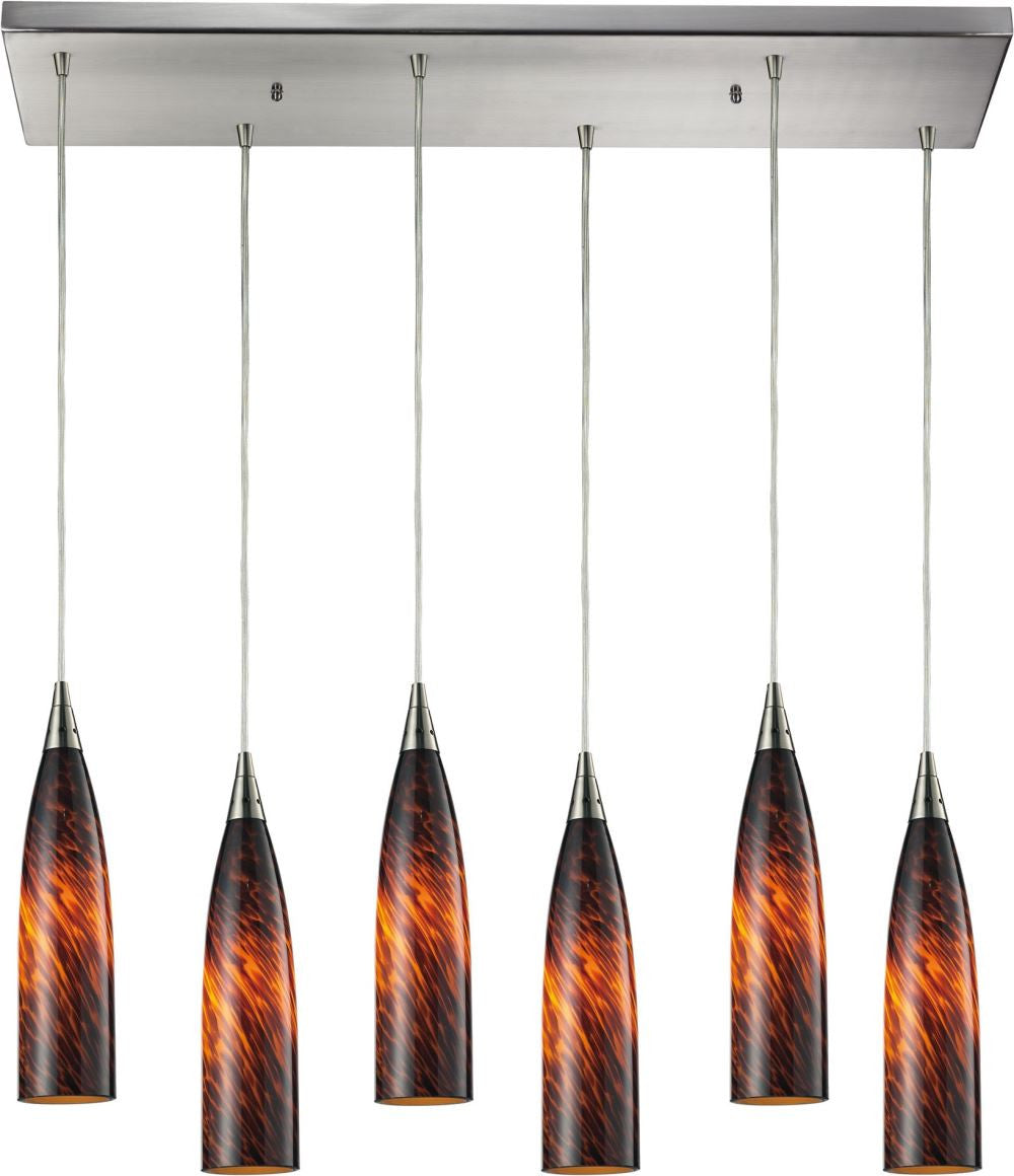 Lungo 6 Light Pendant In Satin Nickel and Espresso Glass