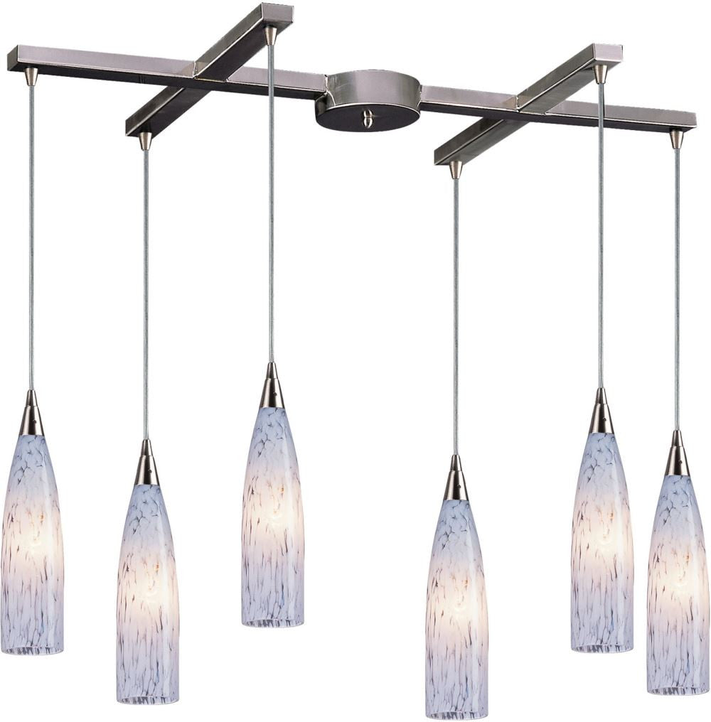 Lungo 6 Light Pendant In Satin Nickel and Snow White Glass
