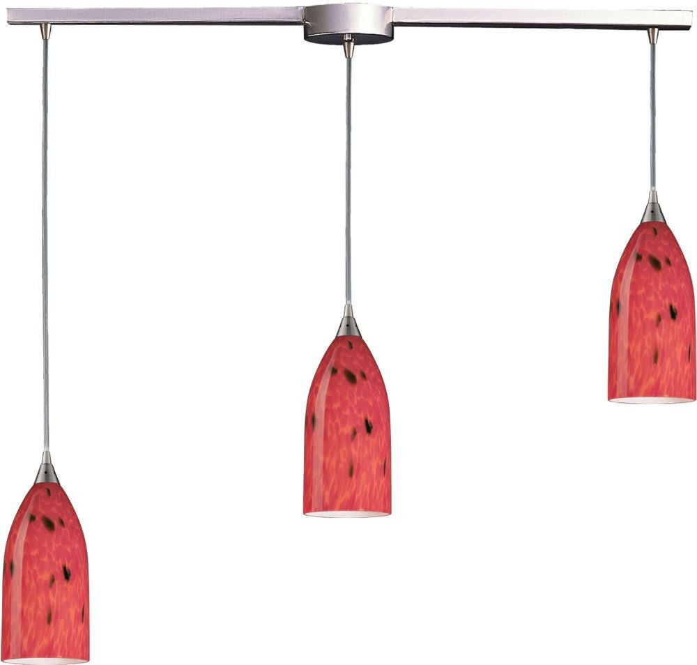 Verona 3 Light Pendant In Satin Nickel and Fire Red Glass