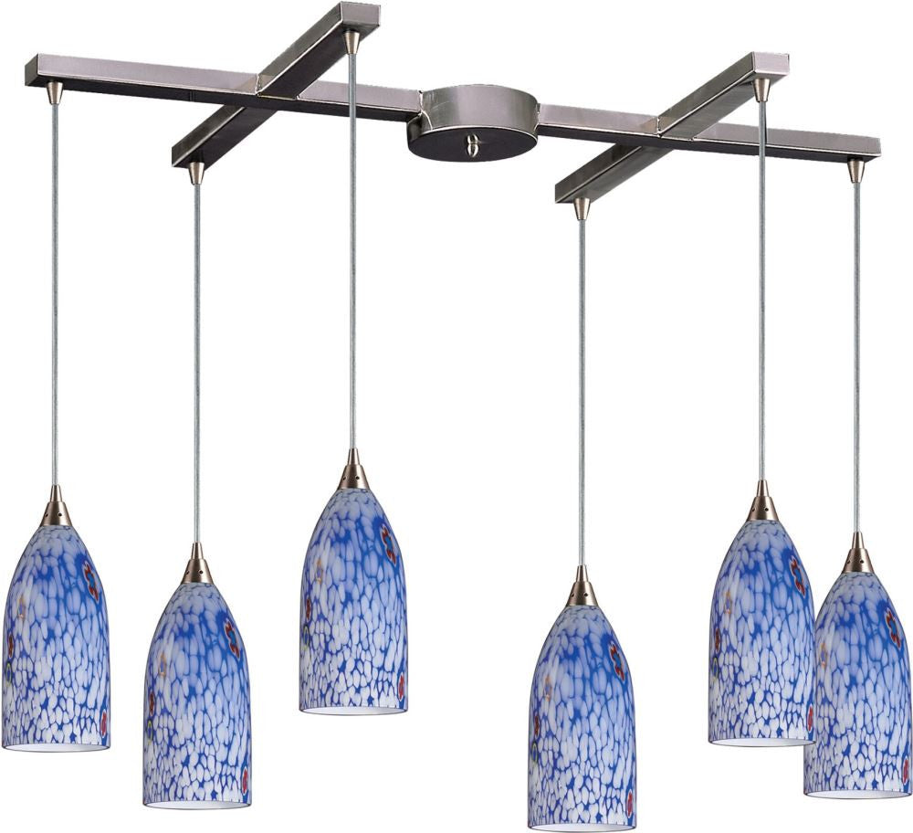 Verona 6 Light Pendant In Satin Nickel and Starburst Blue Glass