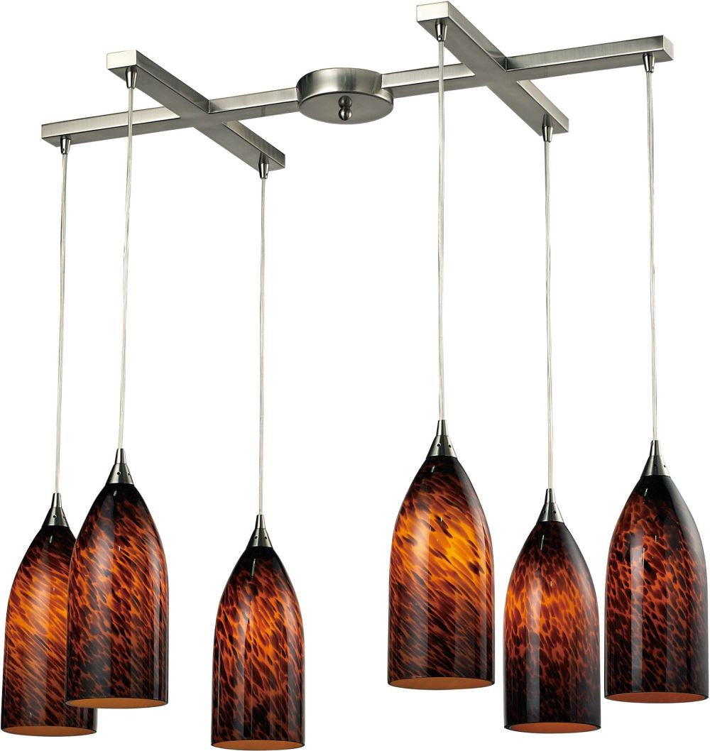 Verona 6 Light Pendant In Satin Nickel and Espresso Glass