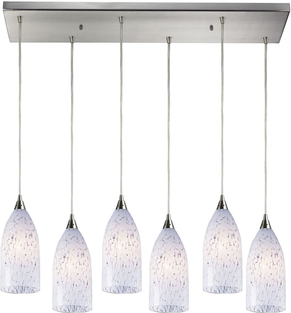 Verona 6 Light Pendant In Satin Nickel and Snow White Glass