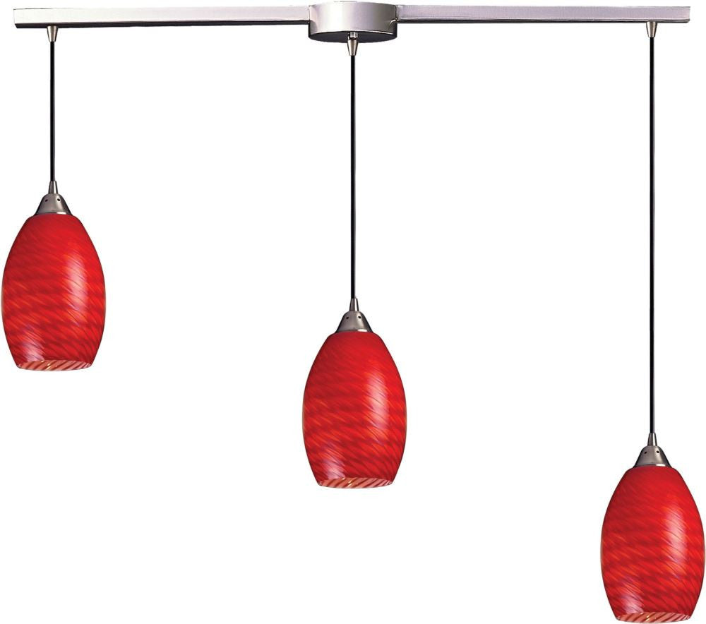 Mulinello 3 Light Pendant In Satin Nickel and Scarlet Red Glass