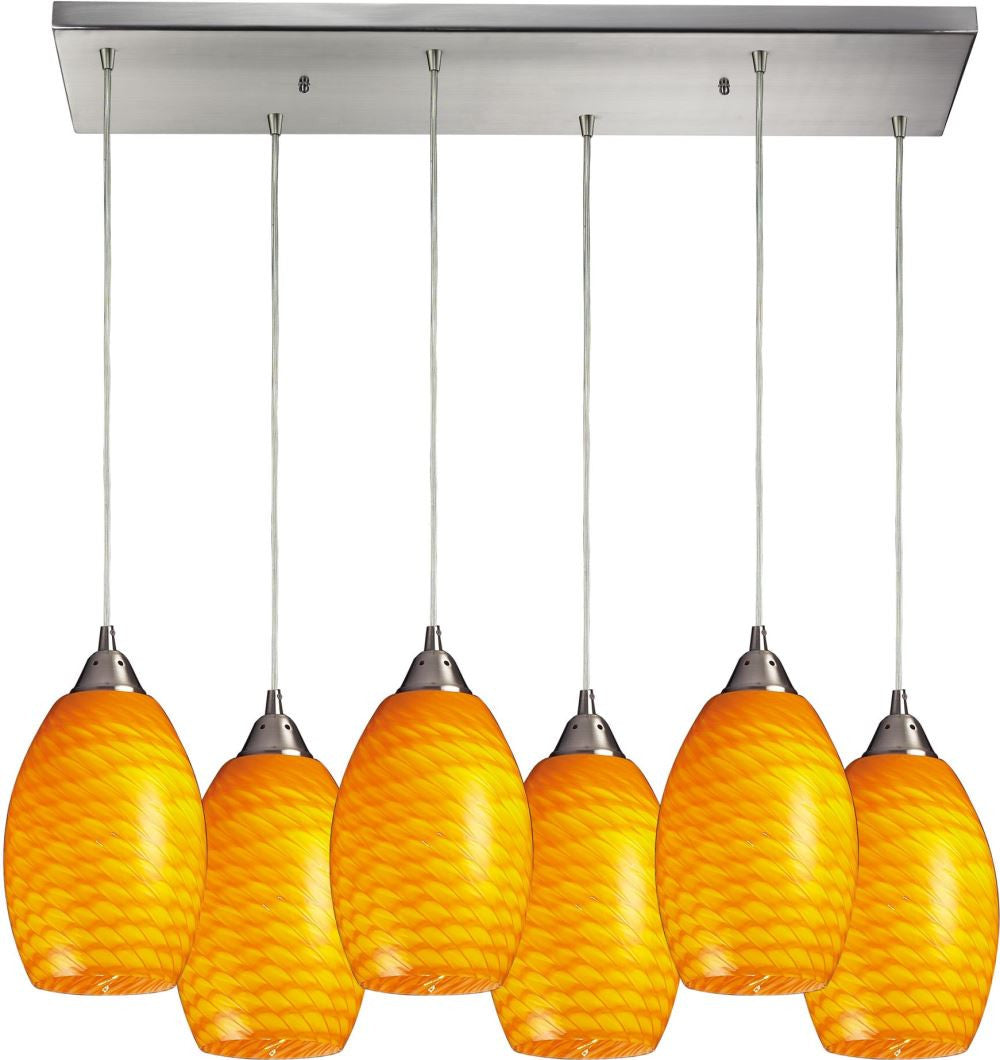 Mulinello 6 Light Pendant In Satin Nickel and Canary Glass