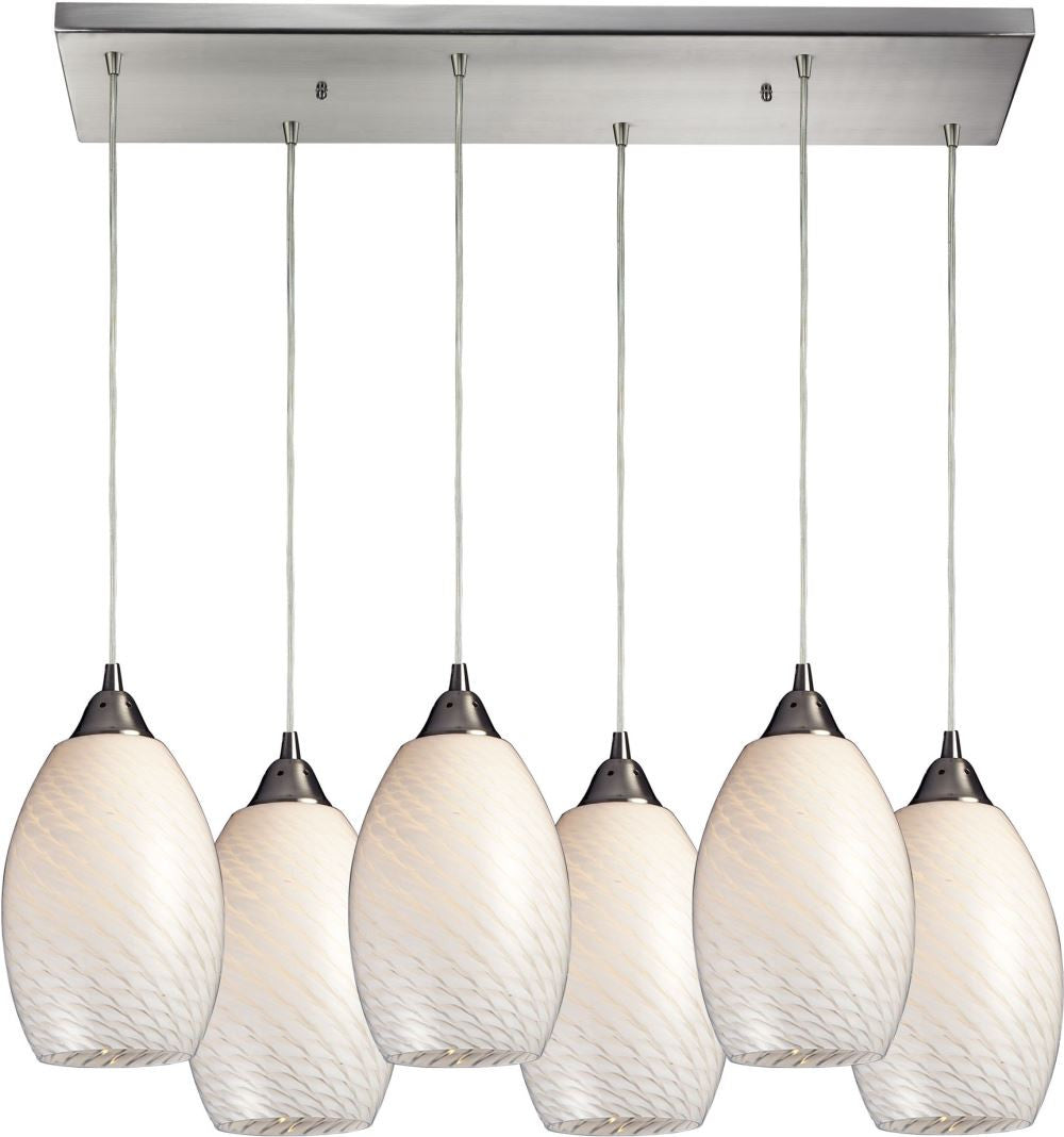 Mulinello 6 Light Pendant In Satin Nickel and White Swirl Glass