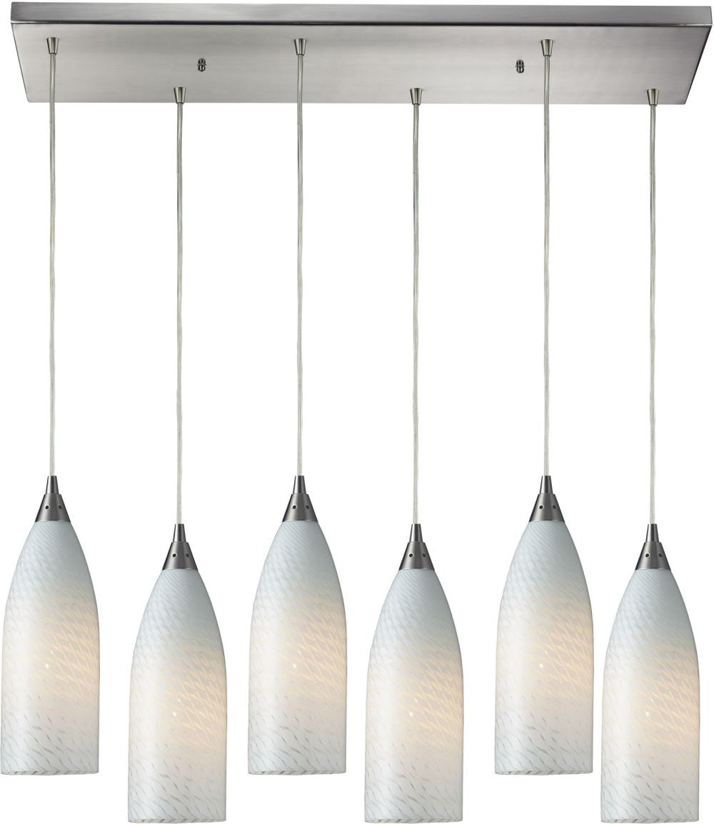 Cilindro 6 Light Pendant In Satin Nickel and White Swirl Glass