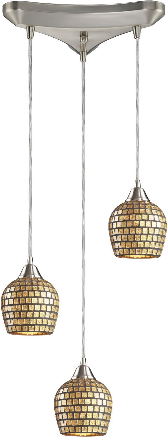 Fusion 3 Light Pendant In Satin Nickel and Gold Leaf Glass