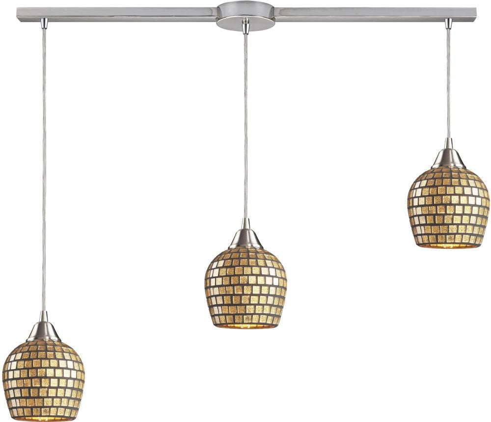 Fusion 3 Light Pendant In Satin Nickel and Gold Leaf Glass