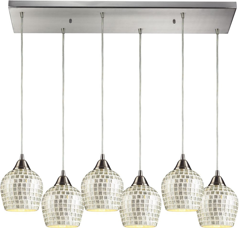 Fusion 6 Light Pendant In Satin Nickel and Silver Glass