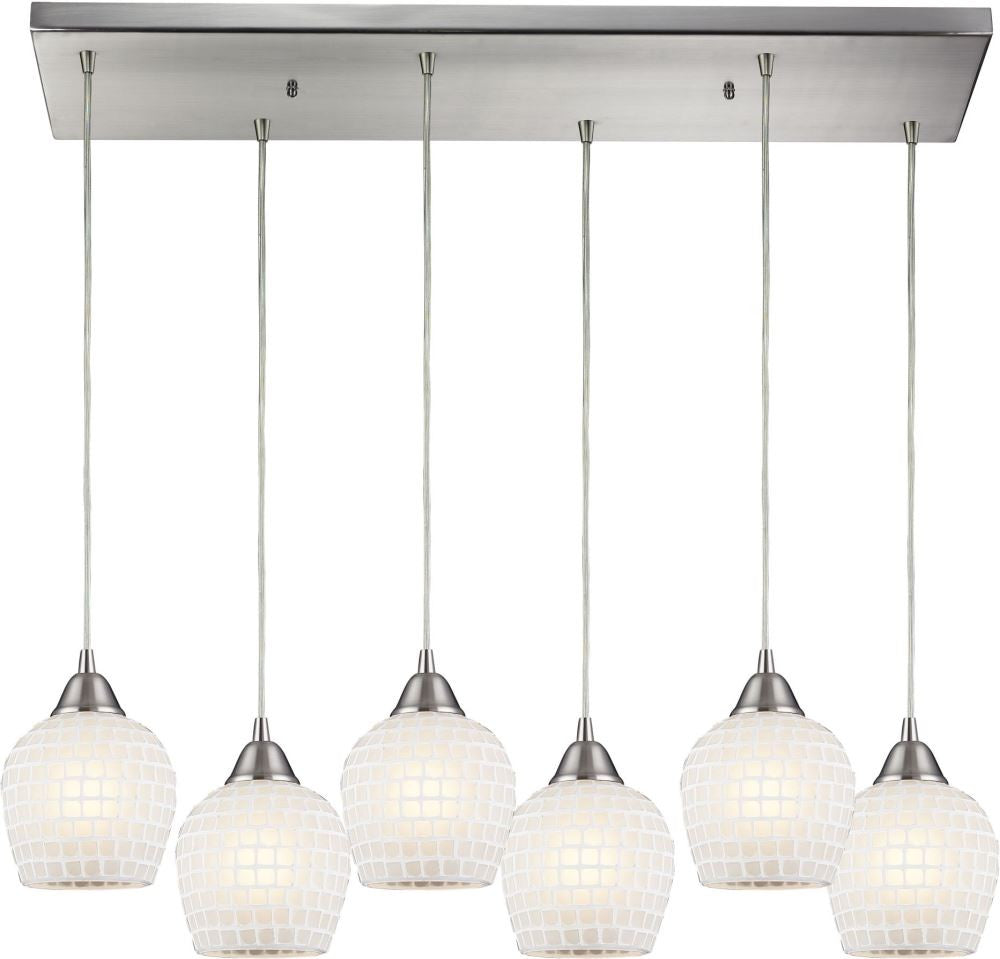Fusion 6 Light Pendant In Satin Nickel and White Glass