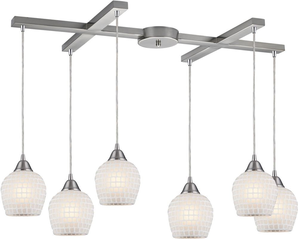 Fusion 6 Light Pendant In Satin Nickel and White Glass