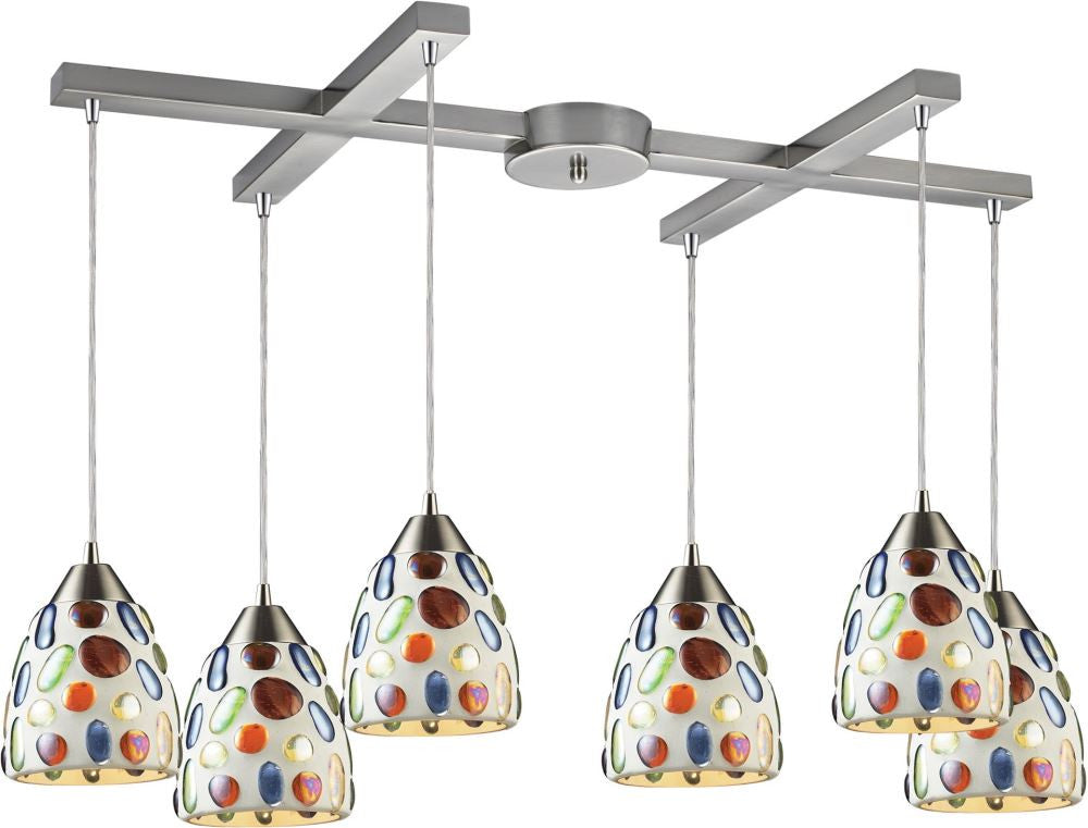 Gemstones 6 Light Pendant In Satin Nickel and Sculpted Multicolor Glass