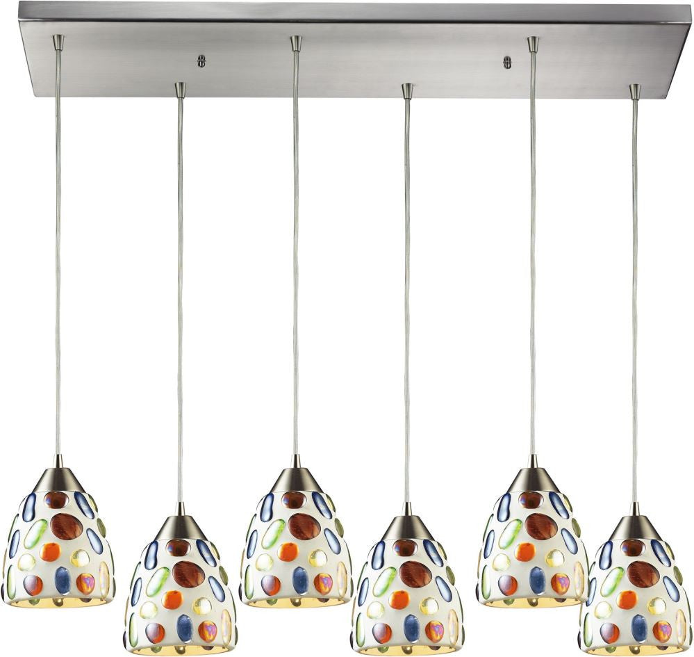 Gemstones 6 Light Pendant In Satin Nickel and Sculpted Multicolor Glass