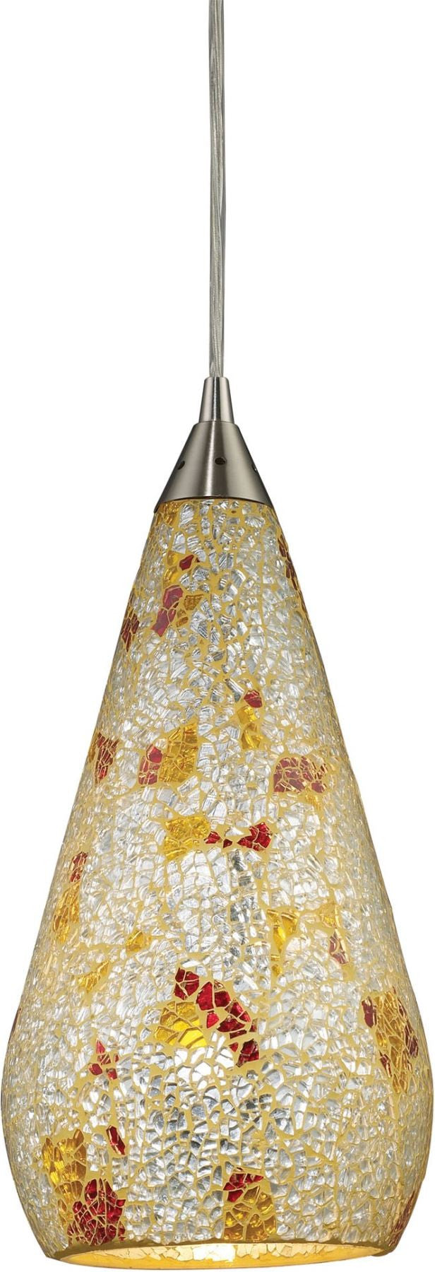 Curvalo 1 Light Pendant In Satin Nickel and Silver Multi Crackle Glass