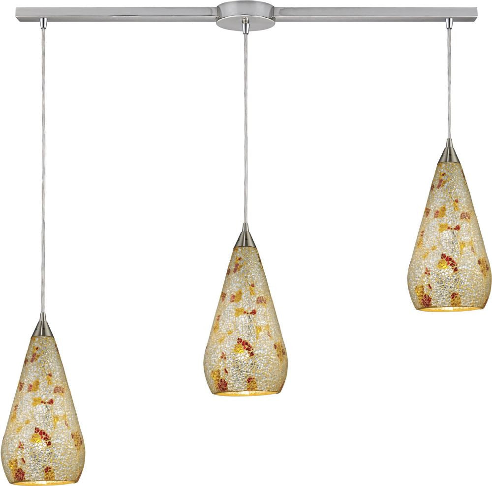 Curvalo 3 Light Pendant In Satin Nickel and Silver Multi Crackle Glass