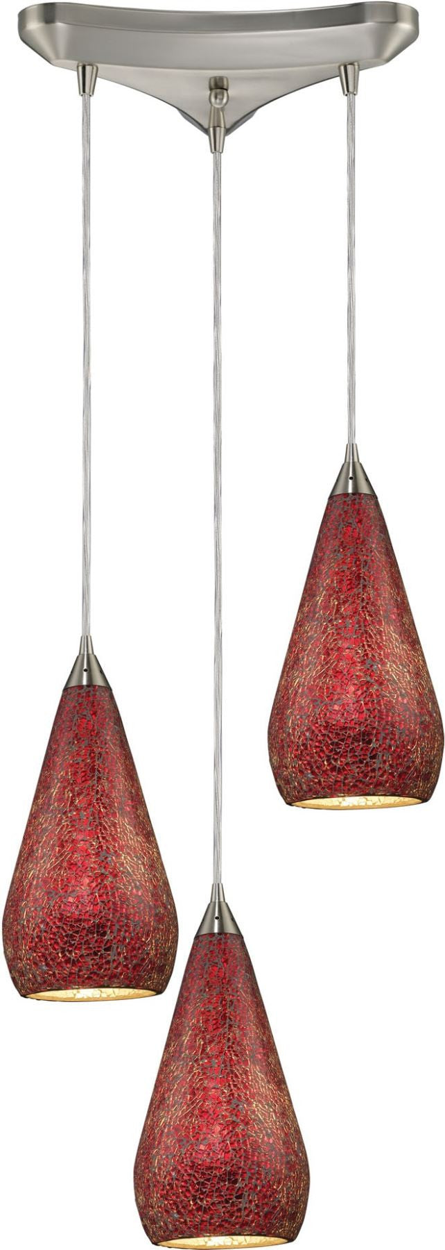 Curvalo 3 Light Pendant In Satin Nickel and Ruby Crackle Glass