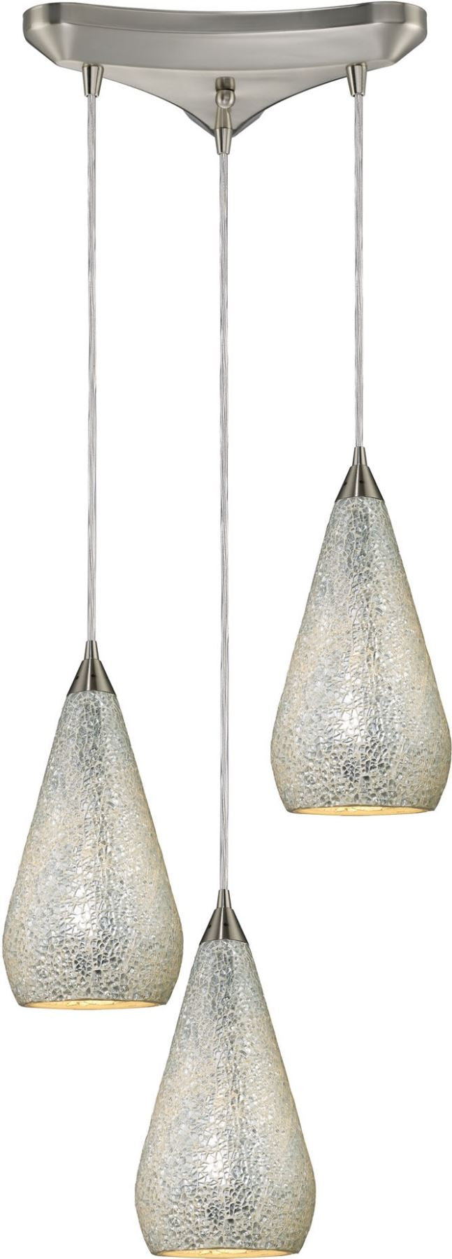 Curvalo 3 Light Pendant In Satin Nickel and Silver Crackle Glass