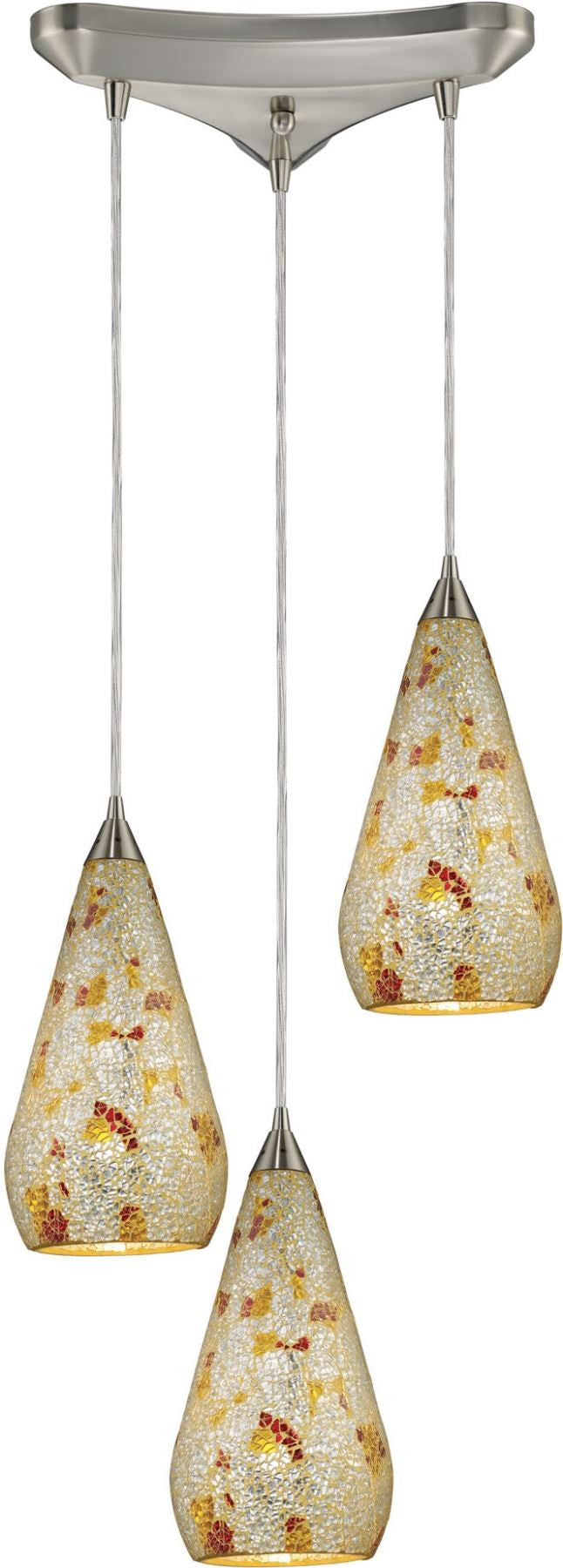 Curvalo 3 Light Pendant In Satin Nickel and Silver Multi Crackle Glass