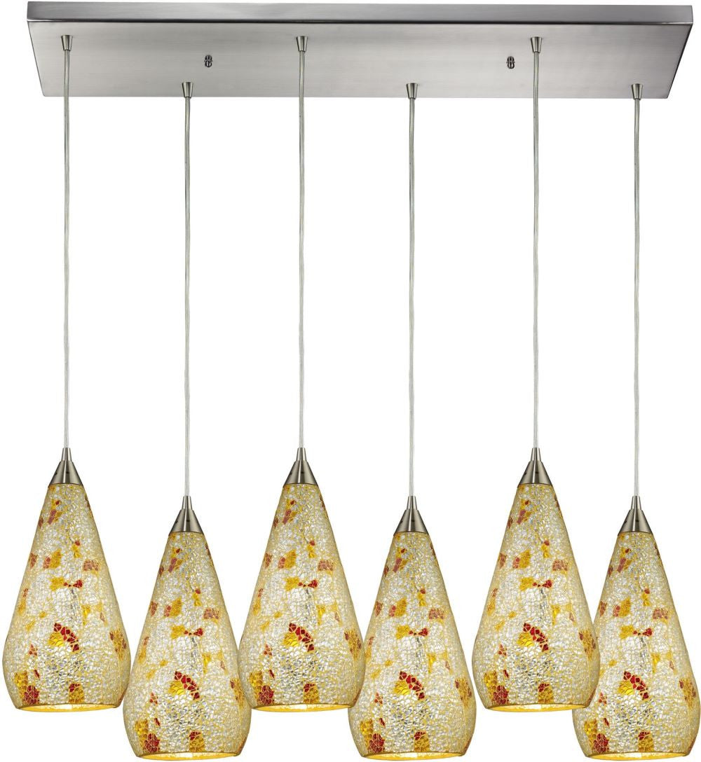 Curvalo 6 Light Pendant In Satin Nickel and Silver Mutli Crackle Glass