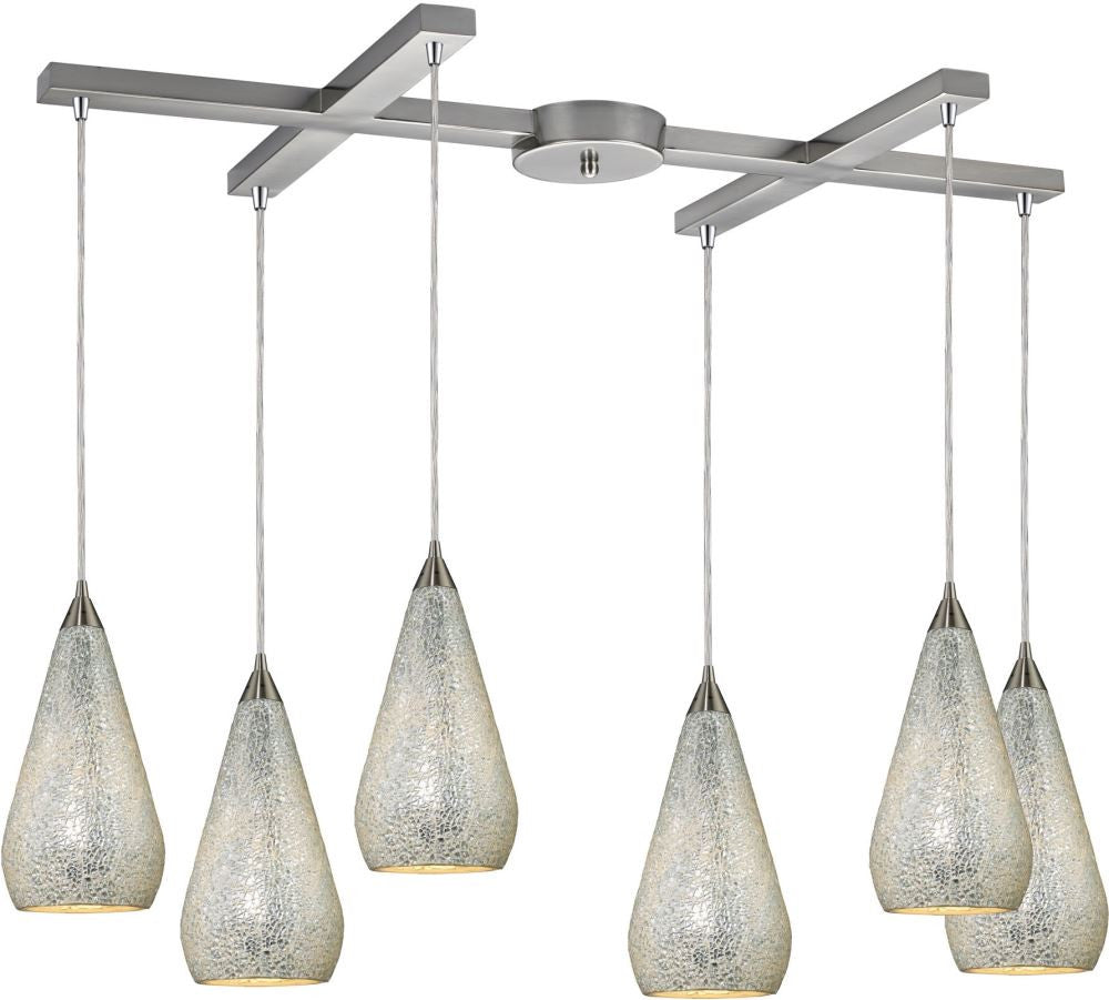Curvalo 6 Light Pendant In Satin Nickel and Silver Crackle Glass