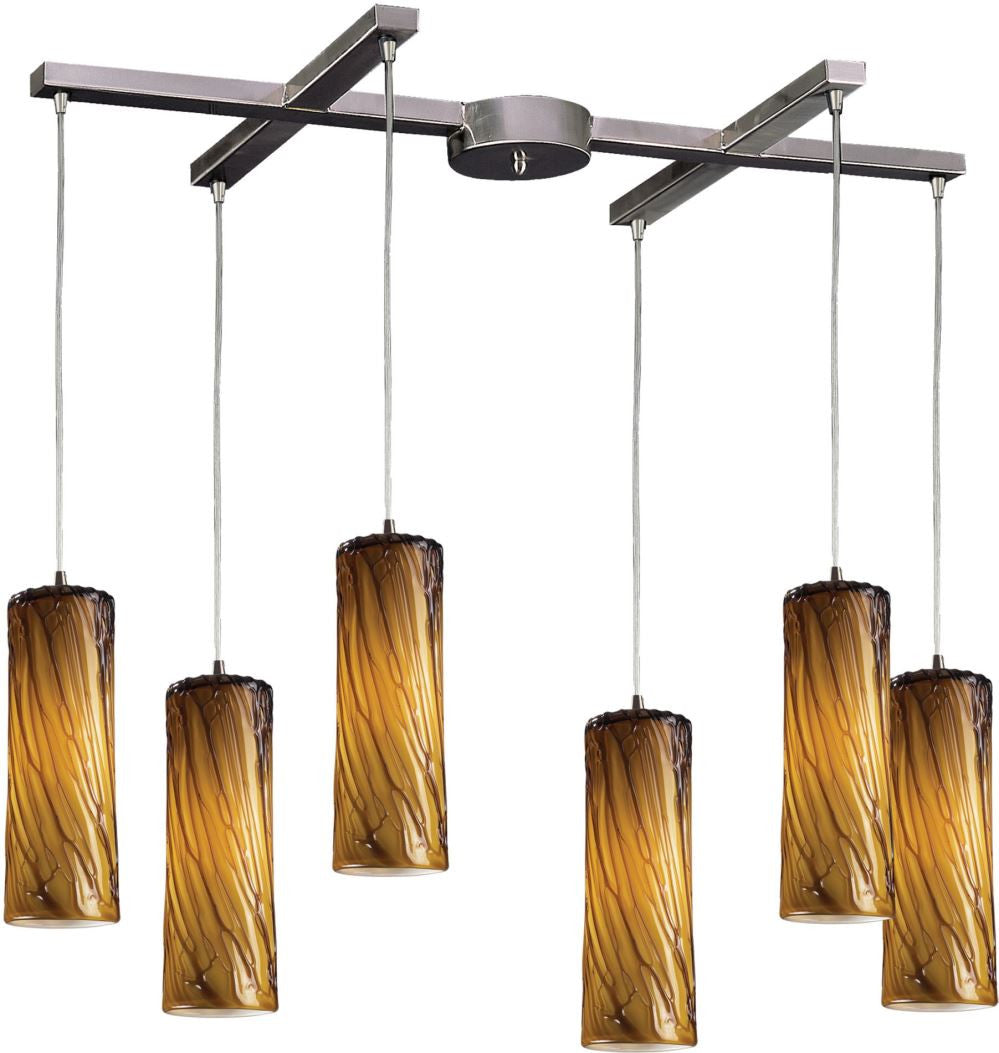 Maple 6 Light Pendant In Satin Nickel and Maple Amber Glass