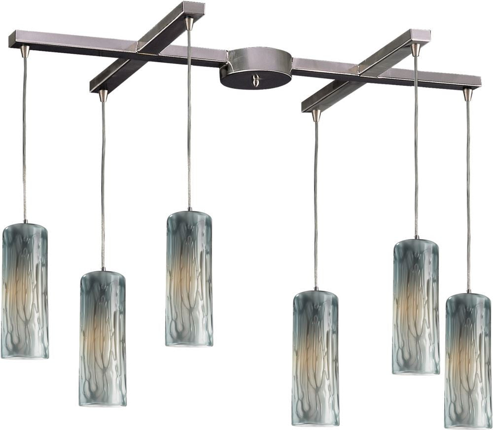 Maple 6 Light Pendant In Satin Nickel and Maple Dusk Glass