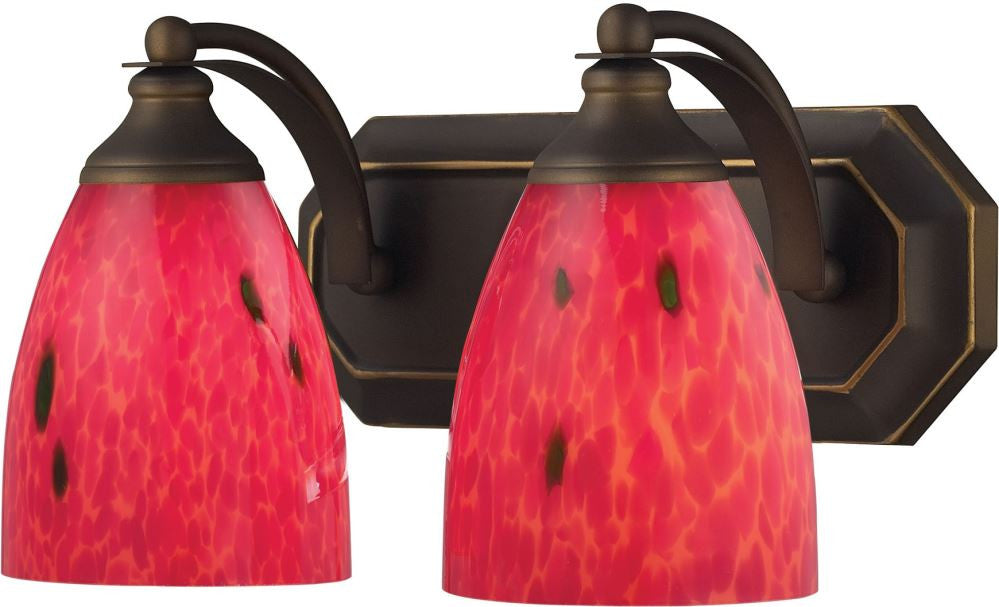Bath and Spa 2 Light Vanity In Aged Bronze and Fire Red Glass