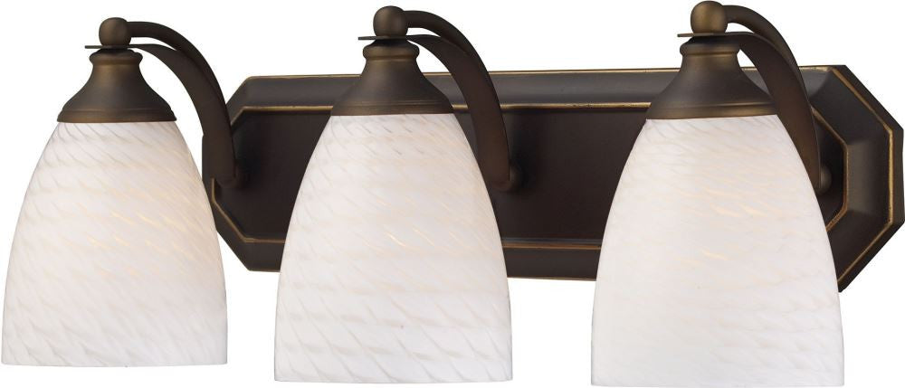 Bath and Spa 3 Light Vanity In Aged Bronze and White Swirl Glass