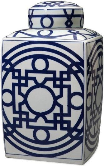 Blue & White Square Tea Jar With Pattern of Lines - Large