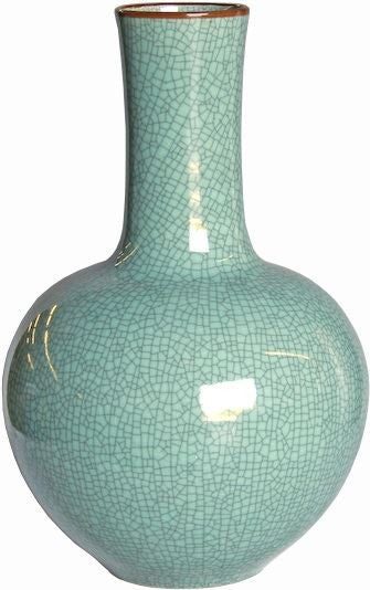 Crackle Celadon Globular Vase W/ Brown Lip