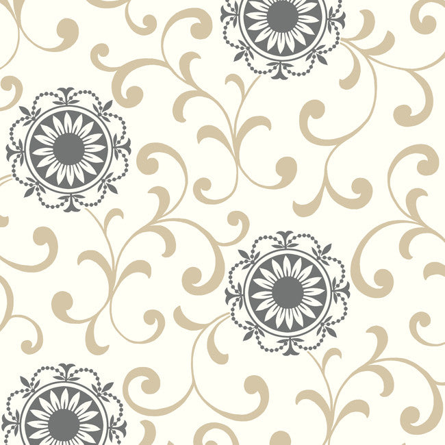York AB2175 Black & White Medallion W/Scroll Wallpaper