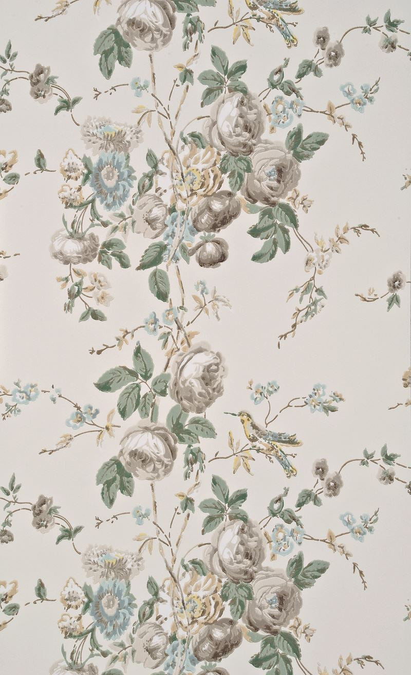 G P & J Baker Wallpaper BW45022.1 Roses & Hummingbird Ivory/Sage
