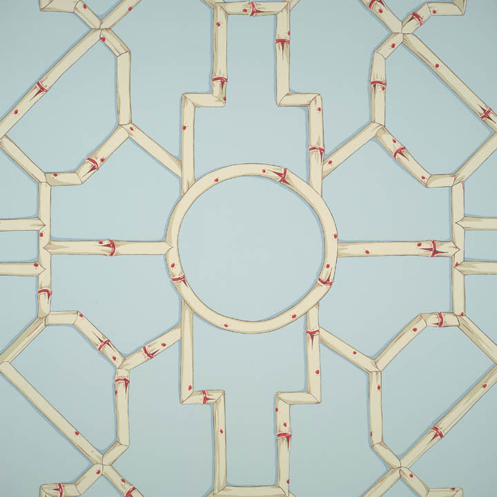 Scalamandre Wallpaper WP81630-004 Baldwin Bamboo Cream & Red On Aqua