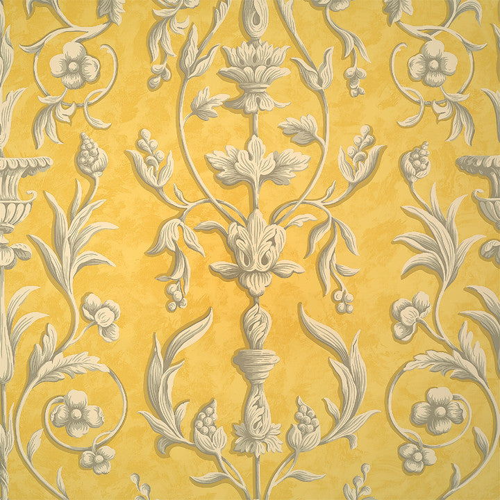 Scalamandre Wallpaper WP81644-002 Arabesque Greys On Yellow Fresco