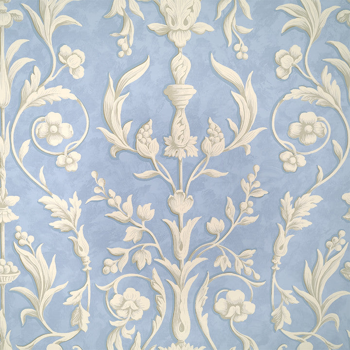 Scalamandre Wallpaper WP81644-004 Arabesque Plaster White On Nordic Blue Fresco
