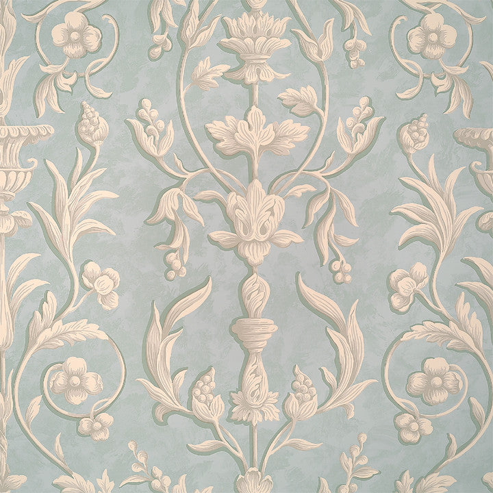 Scalamandre Wallpaper WP81644-006 Arabesque Plaster White On Gustavian Blue Fresco