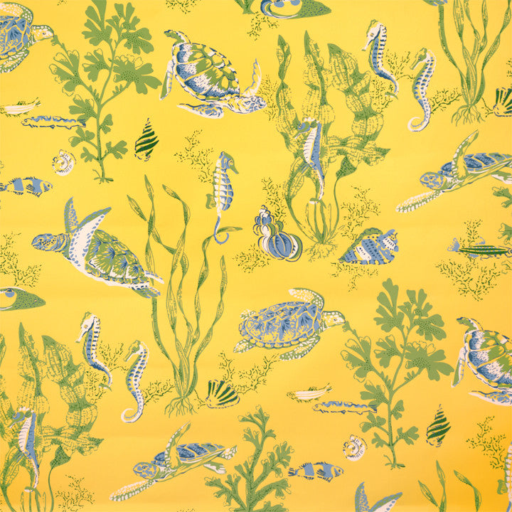 Scalamandre Wallpaper WP88209-004 Garparilla Blue, Seaweed, Oyster On Sun Yellow