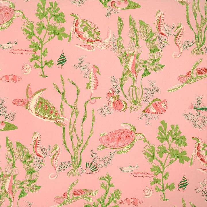 Scalamandre Wallpaper WP88209-005 Garparilla Deep Coral, Lilypad Green, Shell On Flamingo