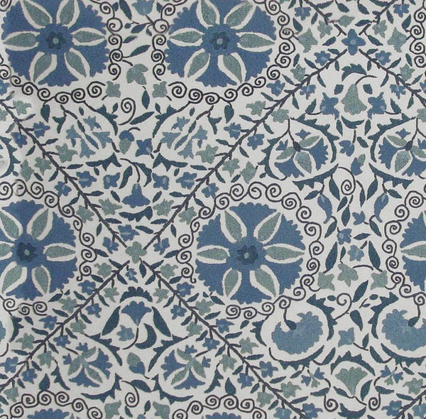 FSchumacher Fabric 1276002 Madura Floral Stitchery Indigo &amp; Ivory