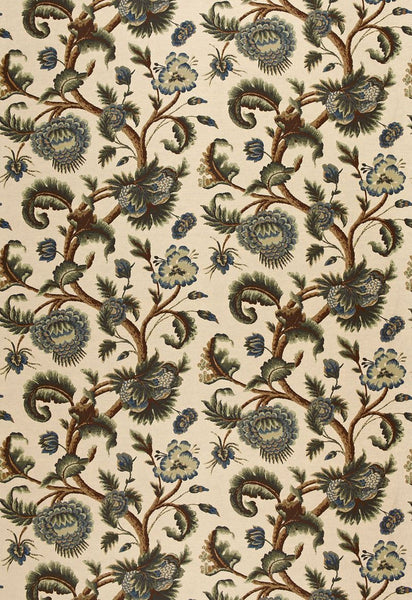 FSchumacher Fabric 2639314 Jacobean Printed Crewel Multi Blues Wood Tones