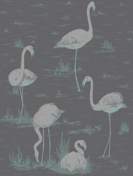 Cole & Son Wallpaper 95/8048.CS Flamingos Teal/Slvr/Bk