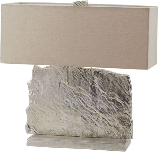 Slate Slab Table Lamp In Nickel With Natural Linen Shade
