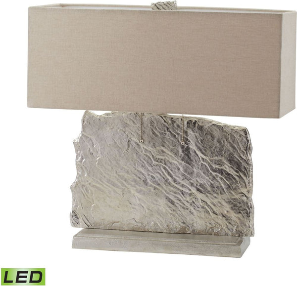 Slate Slab Led Table Lamp In Nickel With Natural Linen Shade
