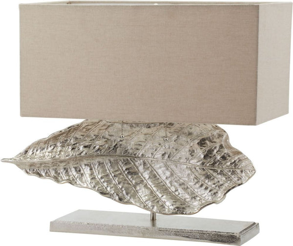 Wide Leaf Table Lamp In Nickel With Natural Linen Shade